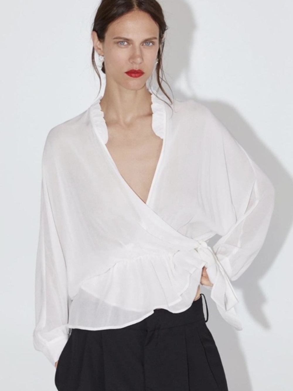 🌼5/$20 Zara White collared wrap blouse side-tie waist long sleeve Medium